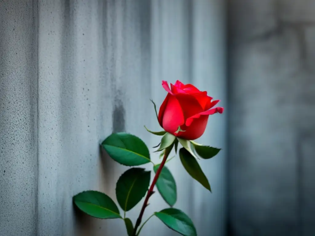 Una rosa roja vibrante rompe una pared de concreto, simbolizando desbloquear creatividad poeta técnicas