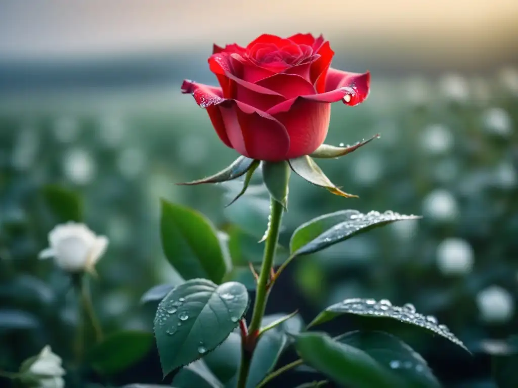 Una rosa roja vibrante destaca entre rosas blancas y negras, transmitiendo identidad a través de poesía transformadora