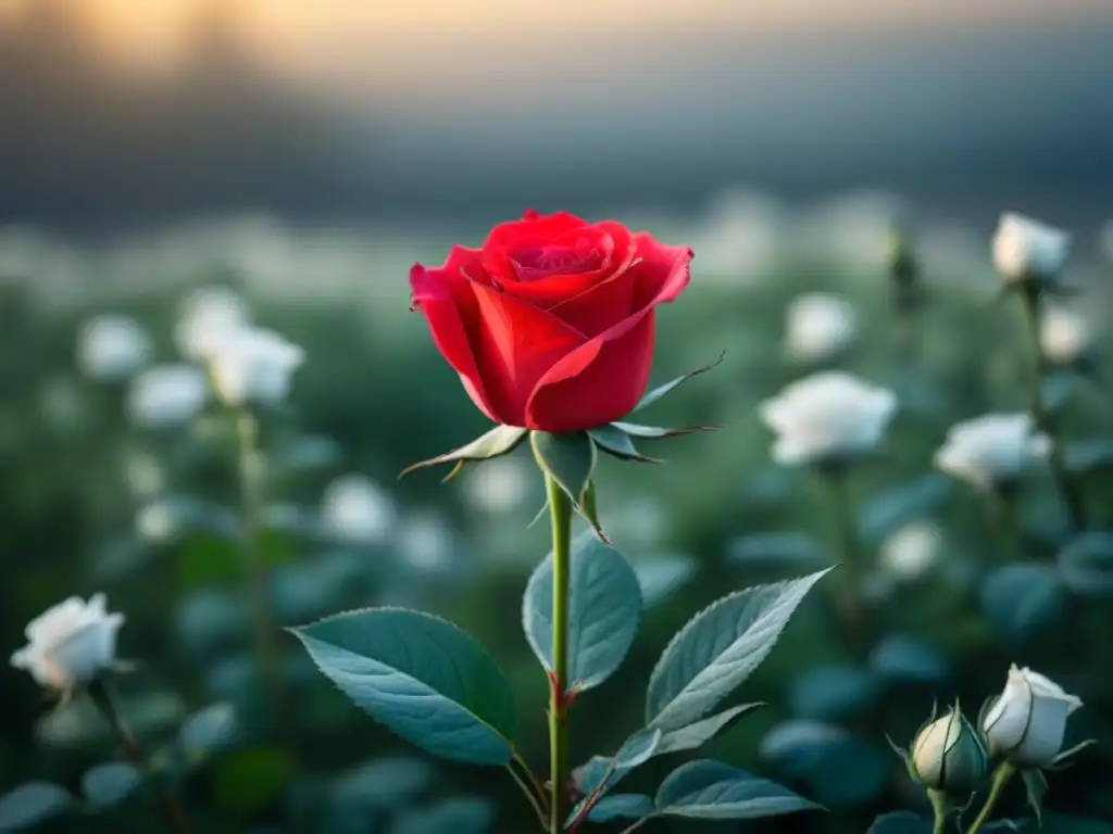 Una rosa roja vibrante destaca entre rosas grises, simbolizando el poder transformador de la poesía en un mar de uniformidad