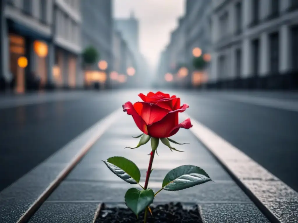 Una rosa roja vibrante esparciendo versos poéticos en una ciudad en blanco y negro