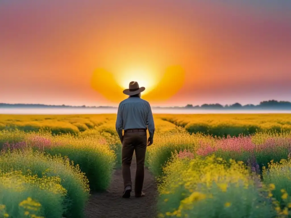 La revolución poética de Walt Whitman cobra vida en la silueta entre flores silvestres y el cálido atardecer
