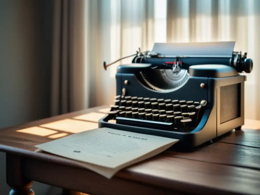 Un viejo escritorio de madera con una máquina de escribir solitaria, iluminada por suave luz solar