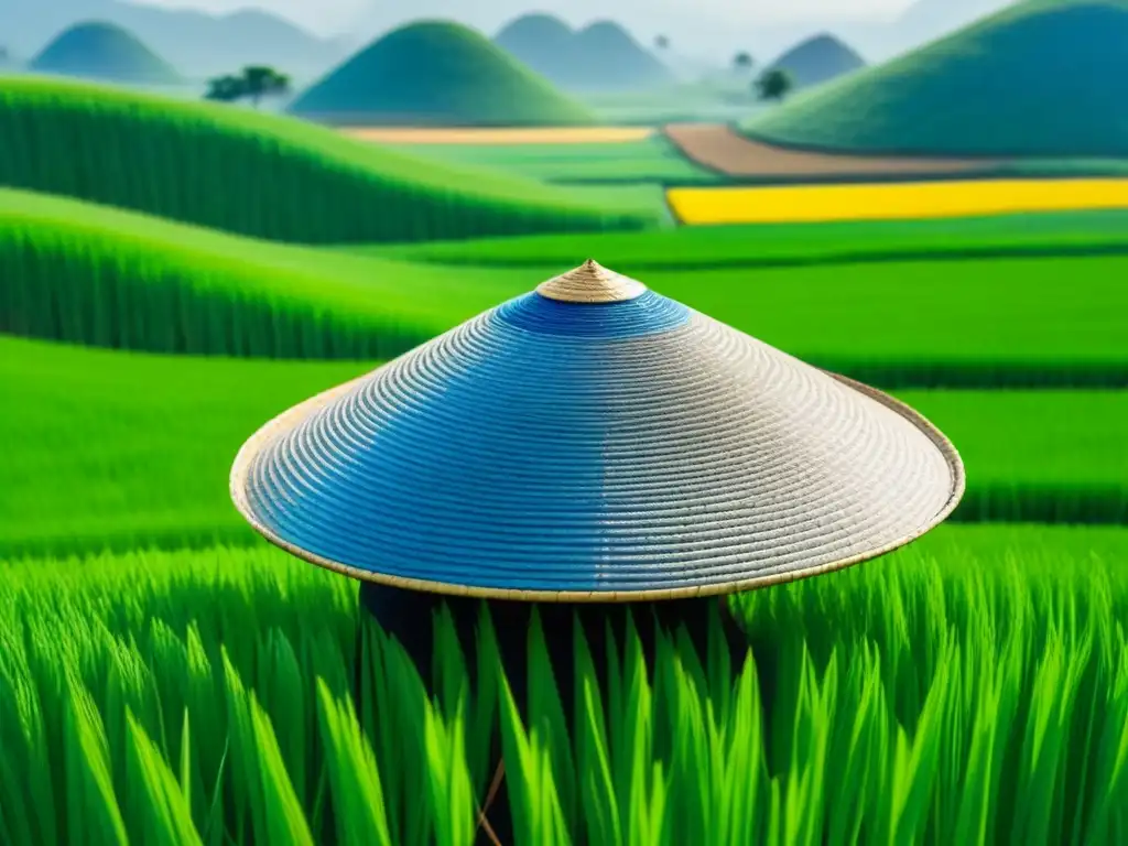 Transformación poesía vietnamita moderna: Un sombrero cónico tradicional vietnamita frente a campos de arroz verde y cielo azul