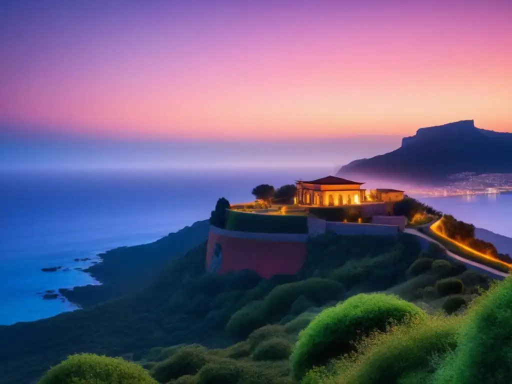 Una villa moderna en el acantilado, mirando una ciudad al atardecer