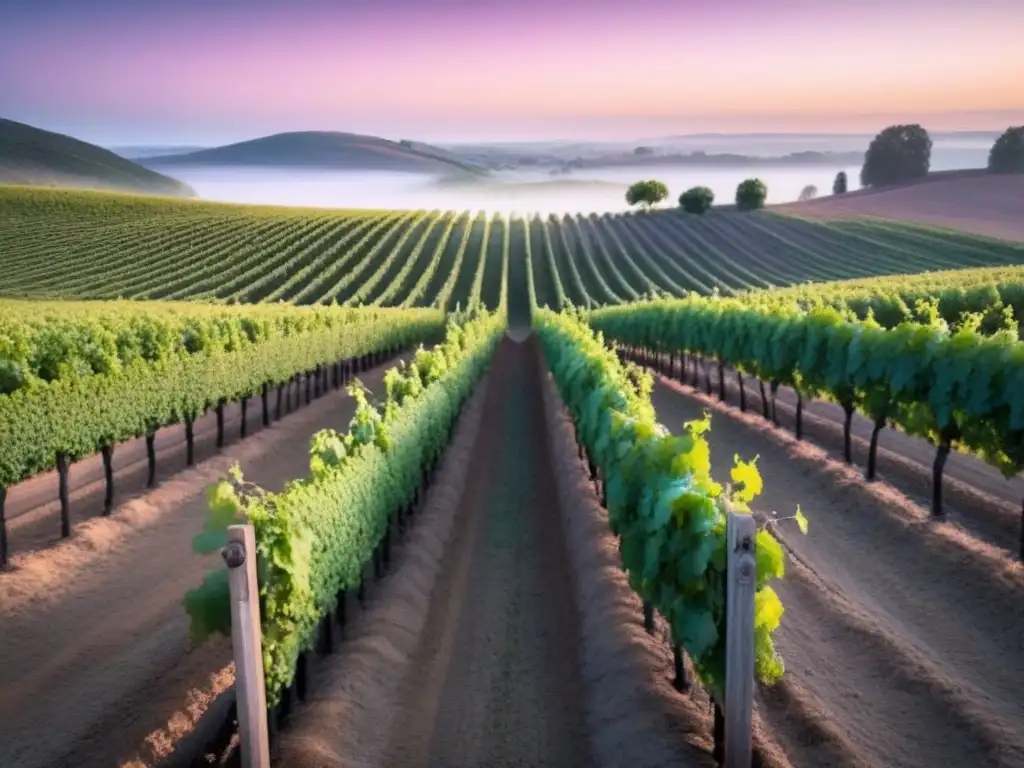 Viñedo al atardecer, filas de viñedos bajo cielo pastel