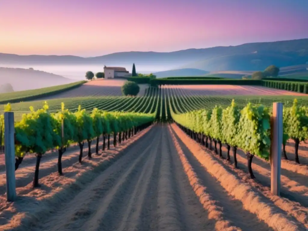 Un viñedo al atardecer, con hileras de uvas bajo un cielo pastel