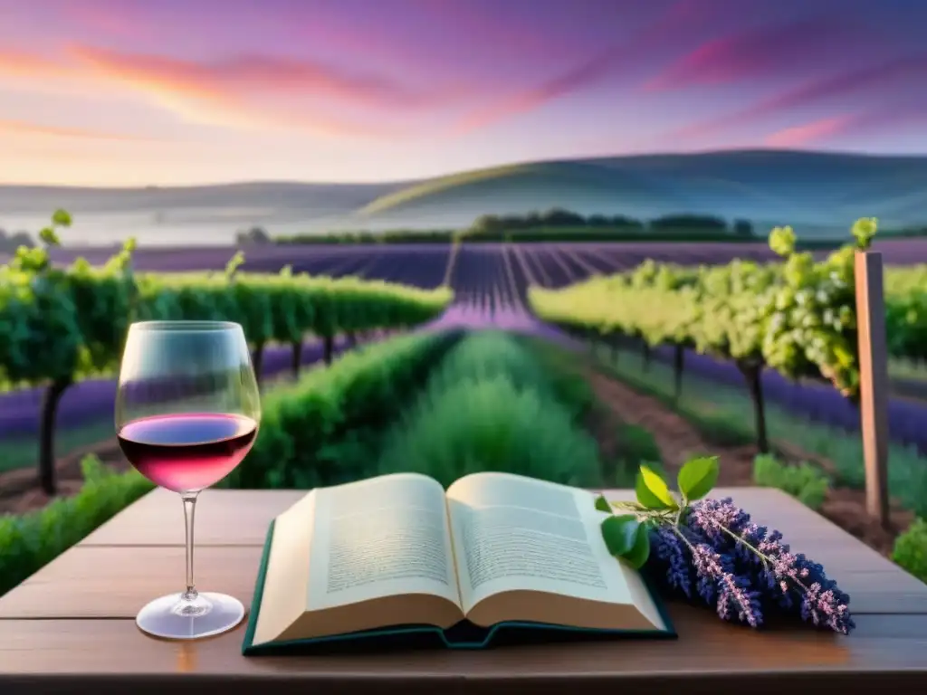 Un viñedo exuberante al amanecer, con una mesa de vino, poesía y flores