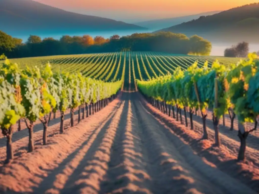 Un viñedo sereno al atardecer, con filas de uvas bajo un cielo pastel