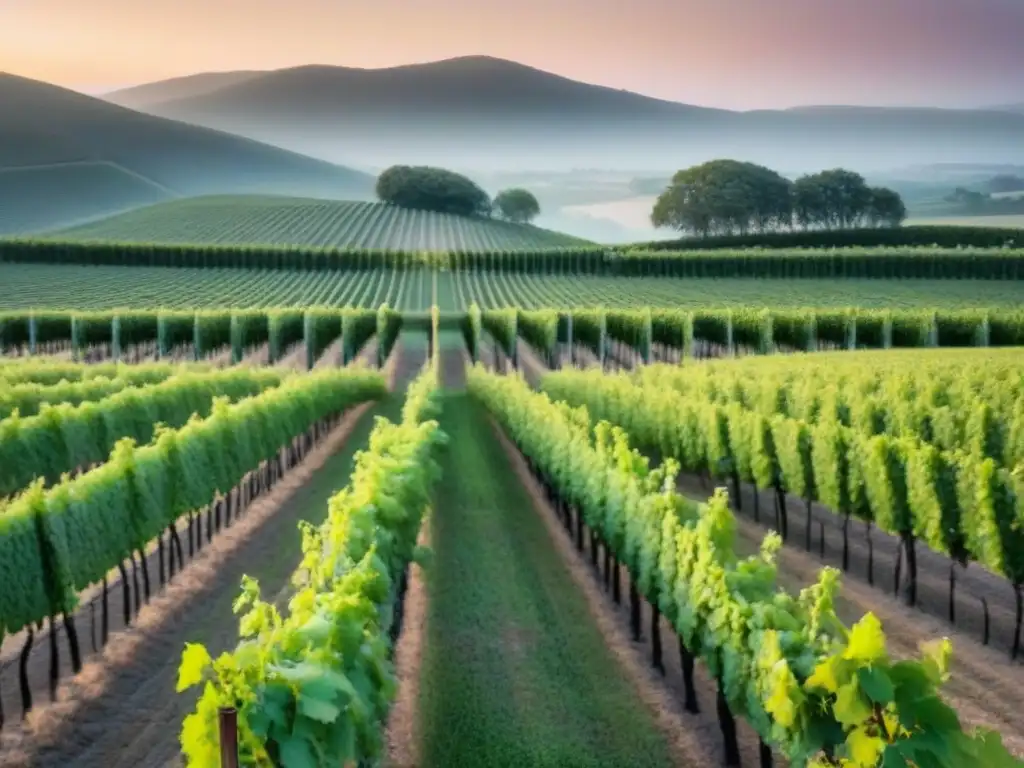 Un viñedo sereno al atardecer, con filas de uvas bajo un cielo pastel