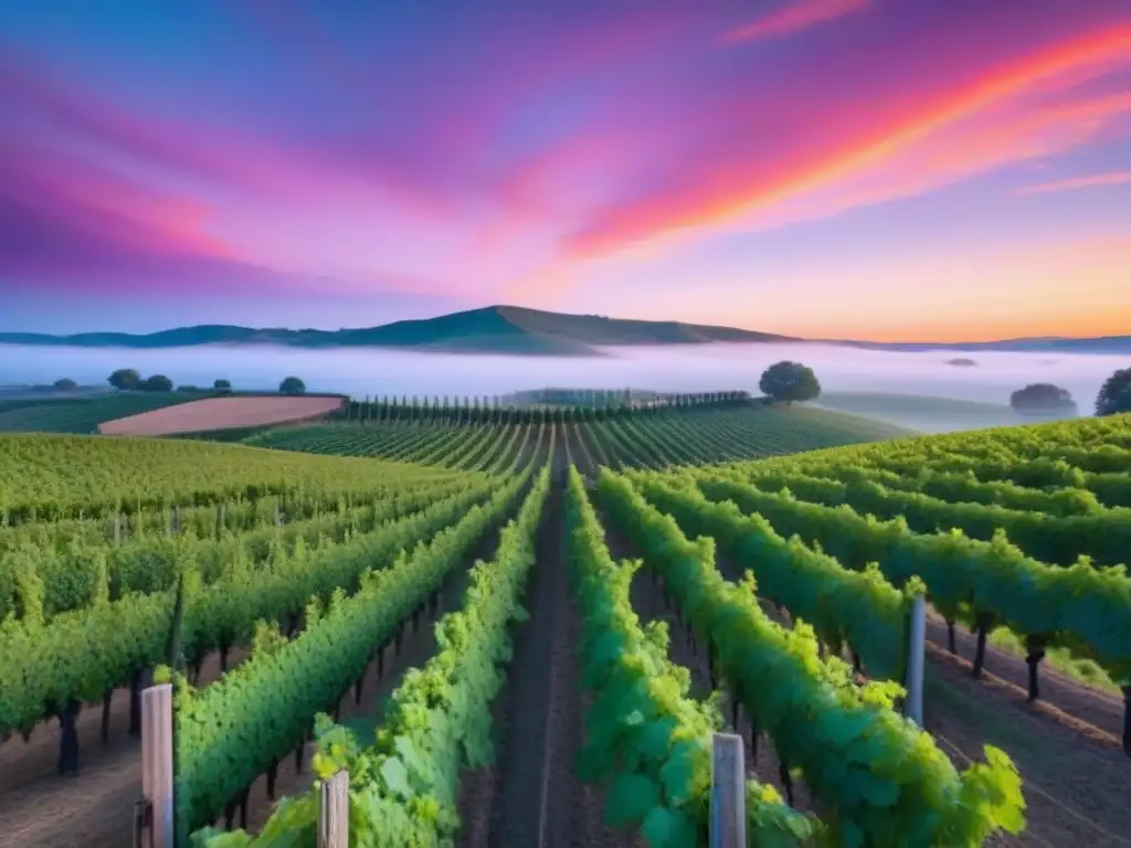 Un viñedo sereno al atardecer, con hileras de parras bajo un cielo multicolor