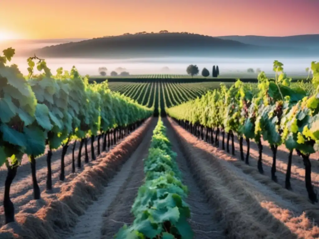 Viñedo al amanecer: poesía del vino y cultura en la serenidad del paisaje en blanco y negro