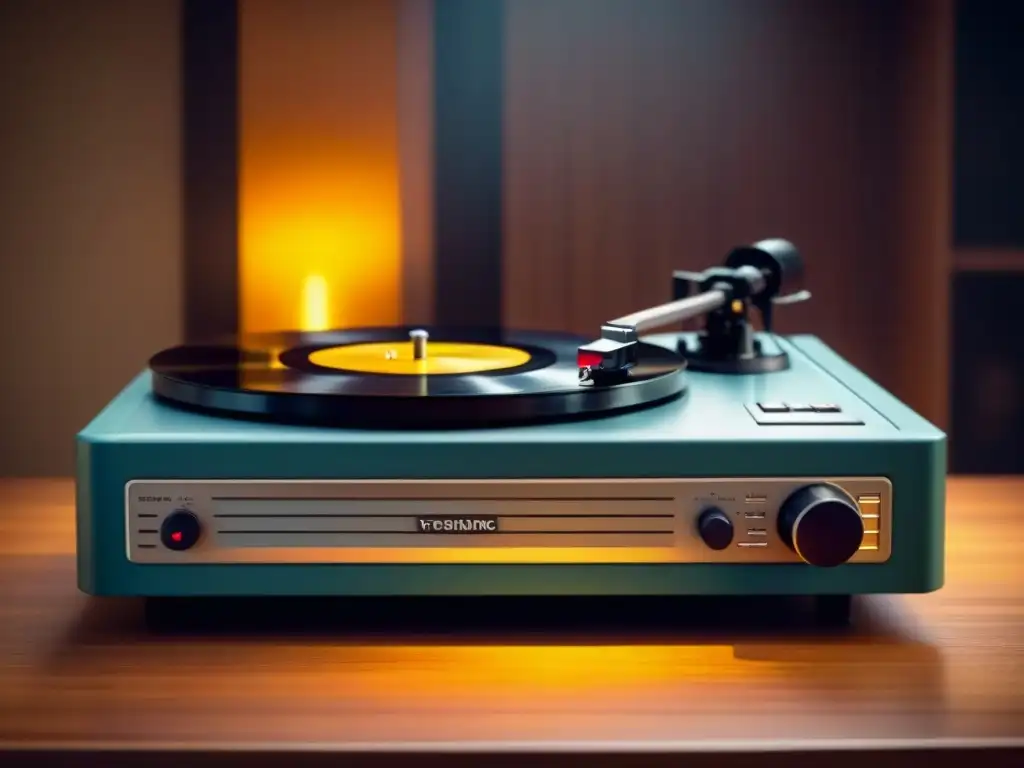 Vinilo girando en tocadiscos vintage en habitación tenue, resplandor nostálgico