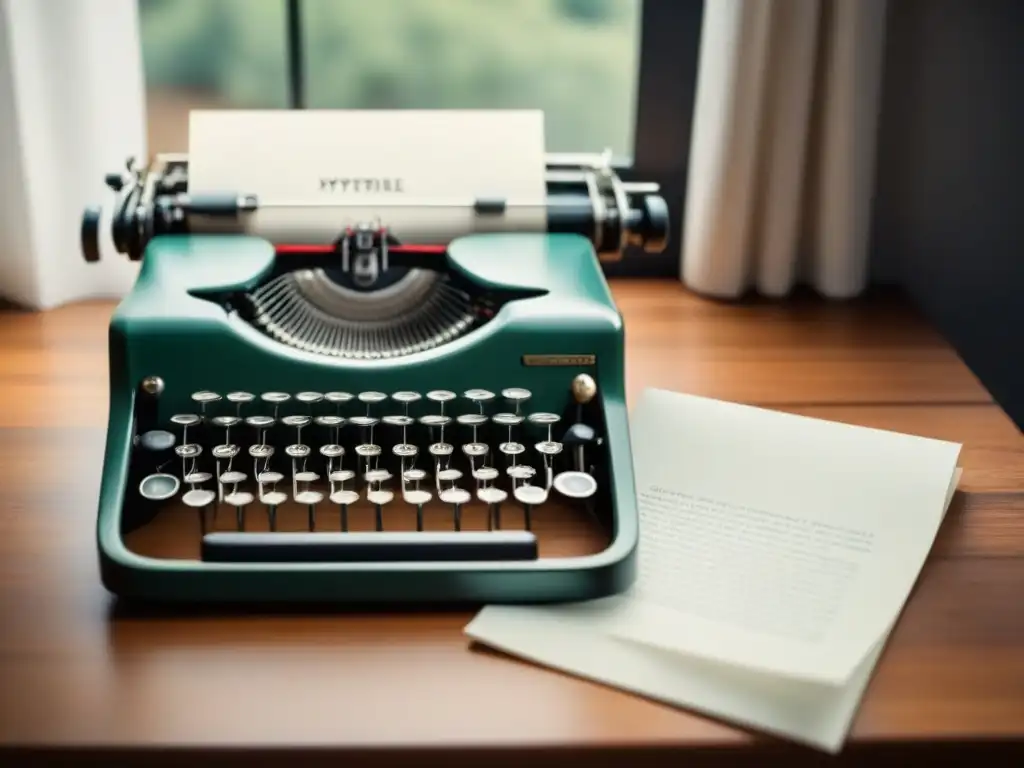 Vintage máquina de escribir en elegante escritorio Vintage máquina de escribir en un escritorio de madera, bañada en luz natural