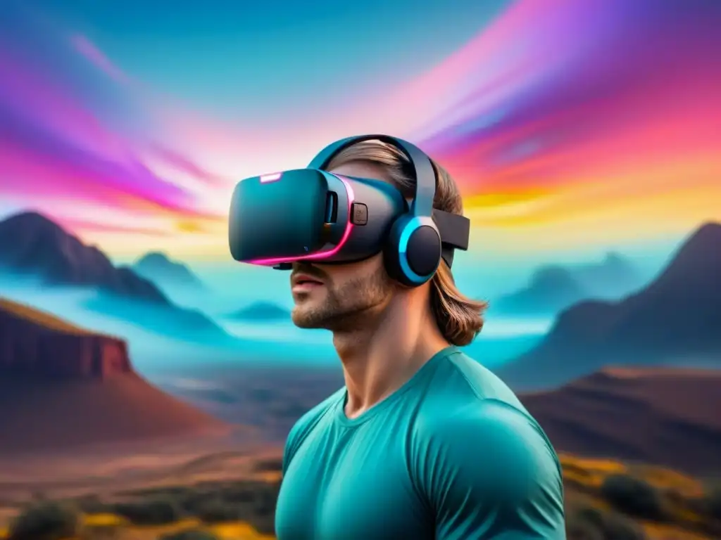 Transformación de la poesía virtual: un paisaje digital vibrante con auriculares de realidad virtual flotantes y formas geométricas coloridas