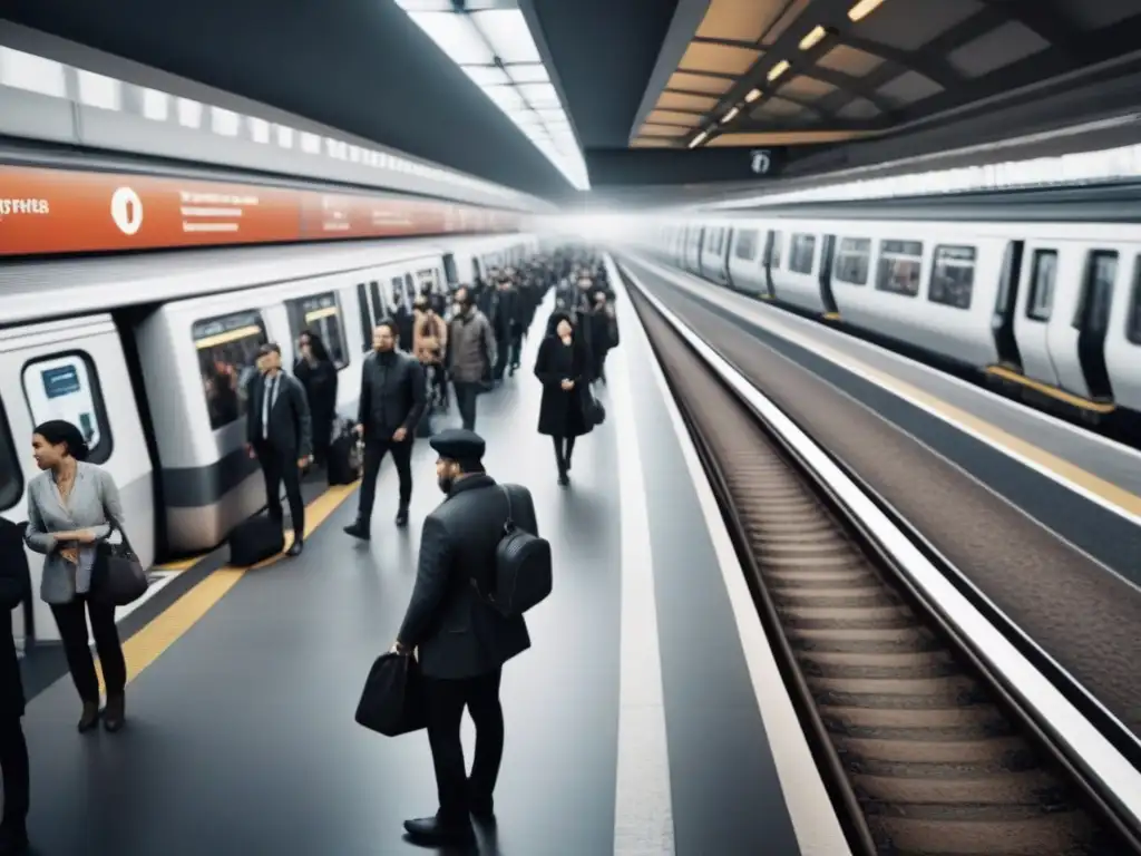 Una vista aérea en blanco y negro de una estación de metro bulliciosa, con pasajeros de diversas edades y orígenes esperando el tren