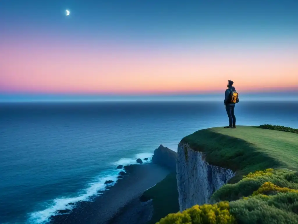 Voz poética en monólogos líricos: figura solitaria en acantilado, contemplando océano estrellado bajo la luna